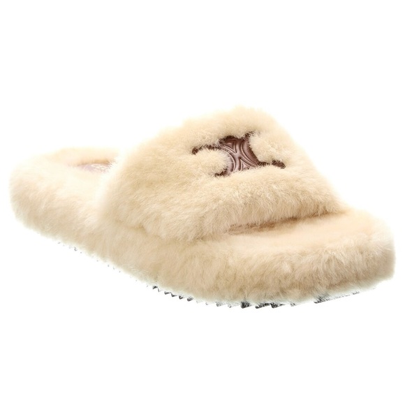 CELINE Triomphe logo leather trimmed shearling slides furry sandals - Picture 1 of 6